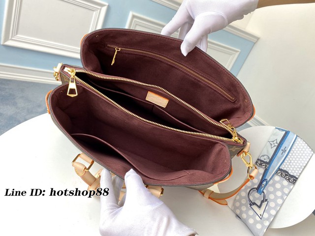 路易威登LV女包 M44816 Open Handbag LV老花黃皮吊牌蒙田形狀女士手提包 肩背斜背包 xxlv2158